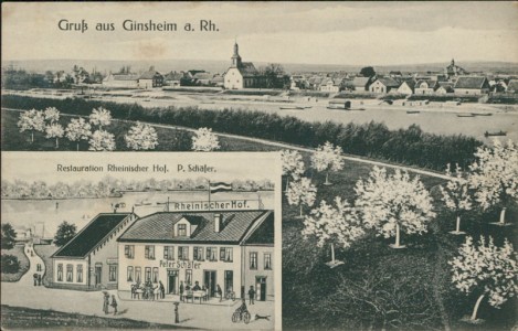 Alte Ansichtskarte Ginsheim-Gustavsburg, Gesamtansicht, Restauration Rheinischer Hof, P. Schäfer