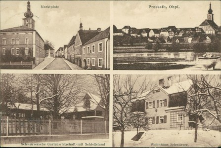 Alte Ansichtskarte Pressath, Marktplatz, Schwärzersche Gartenwirtschaft mit Schießstand, Wohnhaus Schwärzer