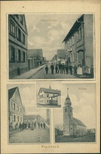 Alte Ansichtskarte Freisbach, Hauptstraße, Wirtschaft, Kirche