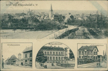 Alte Ansichtskarte Worms-Heppenheim, Gesamtansicht, Straßenansicht, Kriegerdenkmal, Schwesterhaus