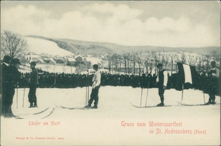 Alte Ansichtskarte Sankt Andreasberg, Läufer am Start Ski, Skifahrer