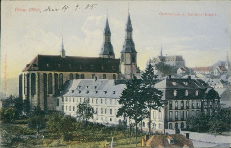 Alte Ansichtskarte Prüm, Gymnasium m. Salvator-Kirche