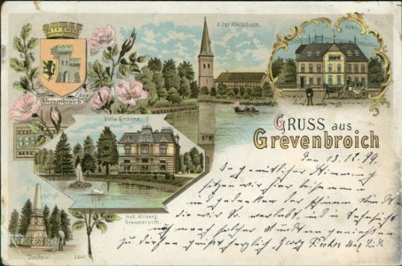 Alte Ansichtskarte Grevenbroich, Alter Kirchturm, Post, Villa Erckens, Denkmal