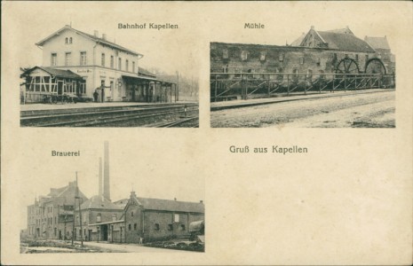Alte Ansichtskarte Grevenbroich-Kapellen, Bahnhof Kapellen, Mühle, Brauerei