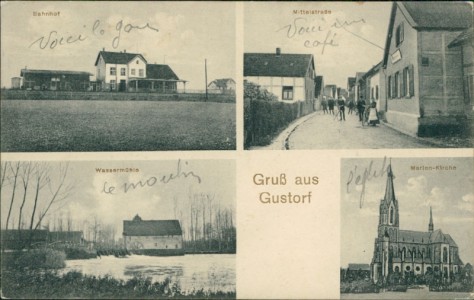 Alte Ansichtskarte Grevenbroich-Gustorf, Bahnhof, Mittelstraße, Wassermühle, Marien-Kirche