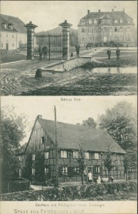Alte Ansichtskarte Bottrop-Feldhausen, Schloss Beck, Gasthaus und Postagentur Herm. Gröninger