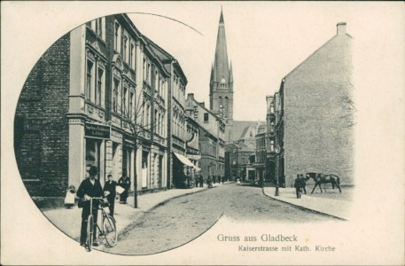 Alte Ansichtskarte Gladbeck, Kaiserstrasse mit Kath. Kirche