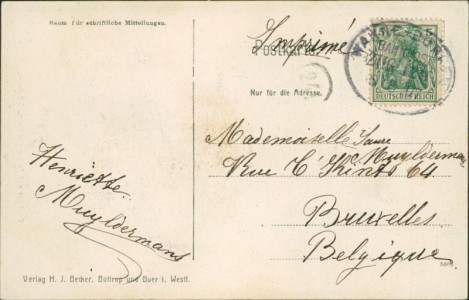 Adressseite der Ansichtskarte Bottrop-Feldhausen, Schloss Beck, Gasthaus und Postagentur Herm. Gröninger