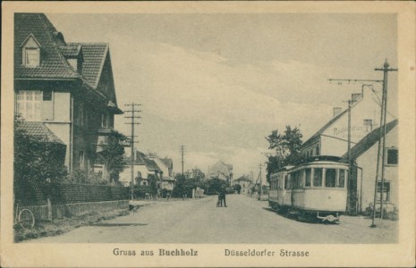 Alte Ansichtskarte Duisburg-Buchholz, Düsseldorfer Strasse mit Straßenbahn
