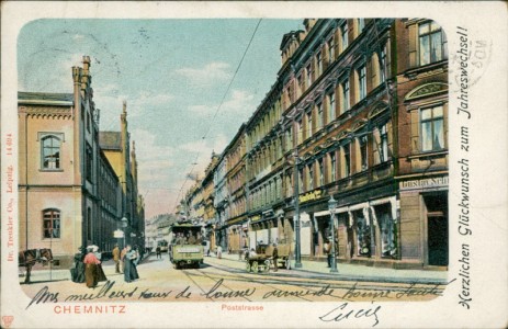 Alte Ansichtskarte Chemnitz, Poststrasse mit Straßenbahn