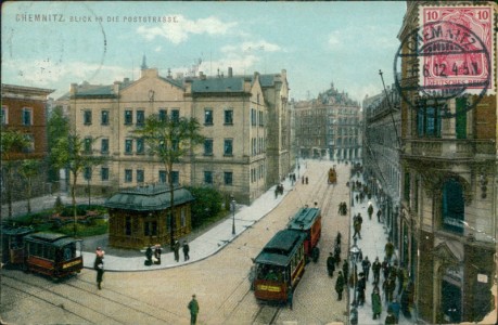 Alte Ansichtskarte Chemnitz, Blick in die Poststrasse, Straßenbahn