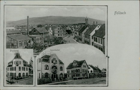 Alte Ansichtskarte Fellbach, Teilansicht, Postamt, Apotheke