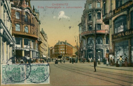 Alte Ansichtskarte Chemnitz, Ecke Theaterstraße u. Johannisplatz