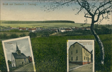 Alte Ansichtskarte Idstein-Dasbach, Gesamtansicht, Kirche, Gastwirtschaft v. Adolf Gruber