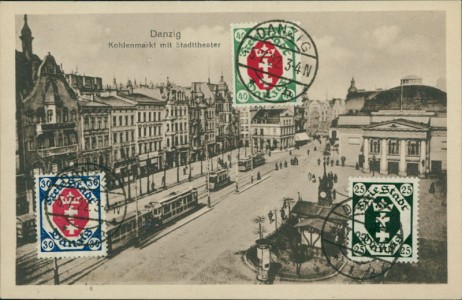 Alte Ansichtskarte Danzig / Gdańsk, Kohlenmarkt mit Stadttheater