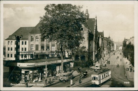 Alte Ansichtskarte Saarbrücken, Trierer Straße mit Straßenbahn