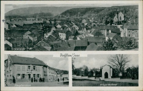 Alte Ansichtskarte Dillingen/ Saar-Diefflen, Totalansicht, Hauptstrasse, Kriegerdenkmal