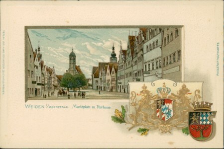 Alte Ansichtskarte Weiden i.d.OPf., Marktplatz m. Rathaus, Wappen