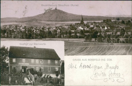 Alte Ansichtskarte Bad Rodach-Roßfeld, Gesamtansicht mit Raubritterburg Straufhain, Gasthof zur Sternwarte