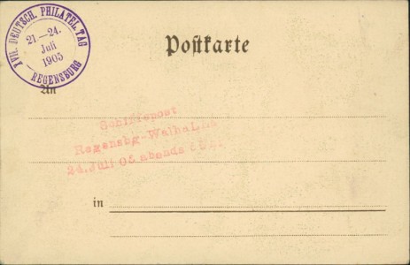 Adressseite der Ansichtskarte Regensburg, 17. Deutscher Philatelisten-Tag 21-24 Juli 1905