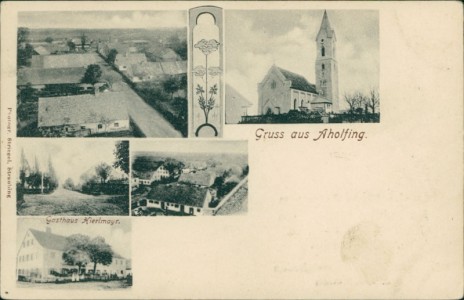 Alte Ansichtskarte Aholfing, Teilansicht, Kirche, Gasthaus Hierlmayr