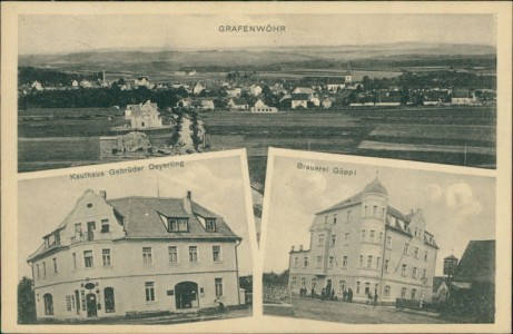 Alte Ansichtskarte Grafenwöhr, Gesamtansicht, Kaufhaus Gebrüder Deyerling, Brauerei Göppl