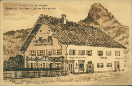 Alte Ansichtskarte Oberammergau, Pension Veit, Inh. Conrad u. Johanna Posch geb. Veit