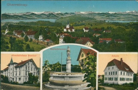 Alte Ansichtskarte Lindau (Bodensee)-Oberreitnau, Geschäftshaus Buschor, Marienbrunnen, Schule