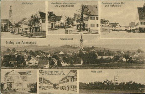 Alte Ansichtskarte Inning a.Ammersee, Gasthaus Niedermeyer, Gasthaus grüner Hof, Gasthof Post u.a.