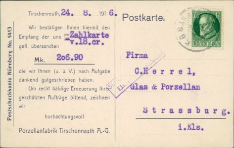 Adressseite der Ansichtskarte Tirschenreuth, Porzellanfabrik Tirschenreuth A.-G.