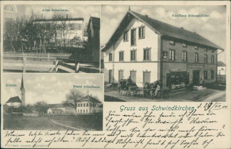 Alte Ansichtskarte Dorfen-Schwindkirchen, Altes Schulhaus, Kaufhaus Schussmüller, Kirche, Neues Schulhaus