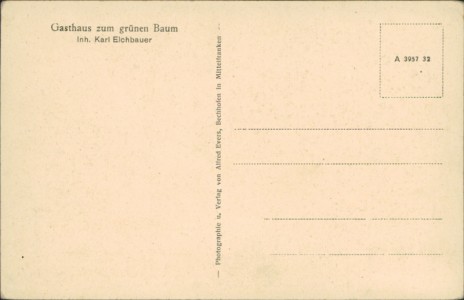 Adressseite der Ansichtskarte Hesselberg Ehingen-Brunn, Gasthaus zum grünen Baum Inh. Karl Eichbauer