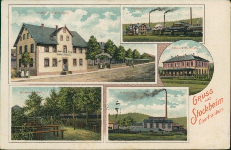 Alte Ansichtskarte Stockheim, Gasthof zur Eisenbahn, Glasfabrik, Bahnhof, Gartenwirtschaft, Maxschacht