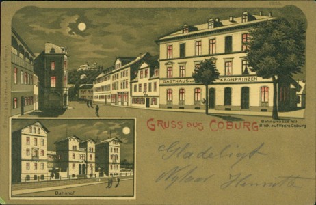 Alte Ansichtskarte Coburg, Bahnstrasse mit Blick auf Veste Coburg, Gasthaus zum Kronprinzen, Bahnhof