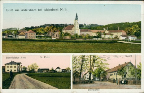 Alte Ansichtskarte Aldersbach bei Aidenbach, Gesamtansicht, Beneficiaten-Haus, St. Peter, Hdlg. v. J. Knödl