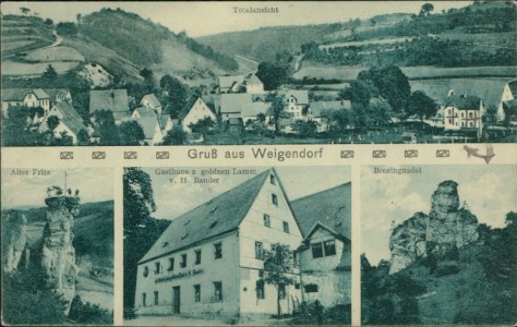 Alte Ansichtskarte Neukirchen b.Sulzbach-R. Weigendorf, Totalansicht, Alter Fritz, Gasthaus z. goldenen Lamm v. H. Bauder, Brosingnadel