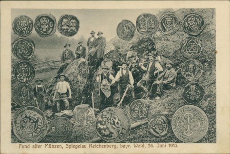 Alte Ansichtskarte Spiegelau, Fund alter Münzen, Spiegelau Reichenberg, bayr. Wald, 26. Juni 1913