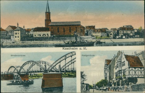 Alte Ansichtskarte Wiesbaden-Mainz-Kostheim, Gesamtansicht, Straßenbrücke, Postgebäude