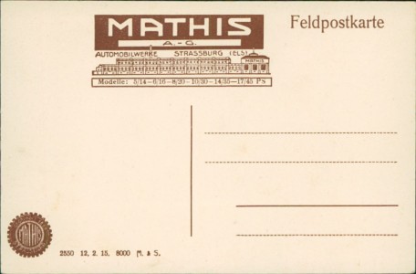 Adressseite der Ansichtskarte Strasbourg Straßburg, Mathis A.-G. Automobilwerke. Mathis-Krankentransportwgen, Lastwagen, 2 Ton. Type Mathis