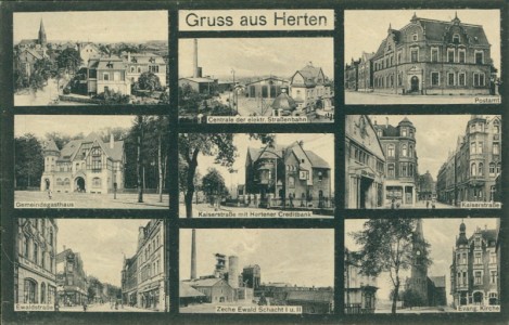 Alte Ansichtskarte Herten, Mehrbildkarte mit Centrale der elektr. Straßenbahn und Zeche Ewald Schacht I u. II