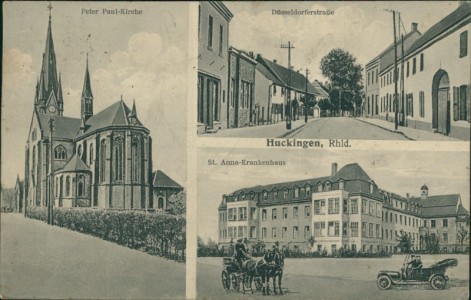 Alte Ansichtskarte Duisburg-Huckingen, Peter Paul-Kirche, Düsseldorferstraße, St. Anna-Krankenhaus