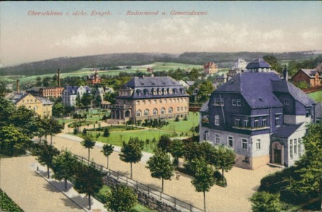 Alte Ansichtskarte Bad Schlema Oberschlema, Radiumbad u. Gemeindeamt