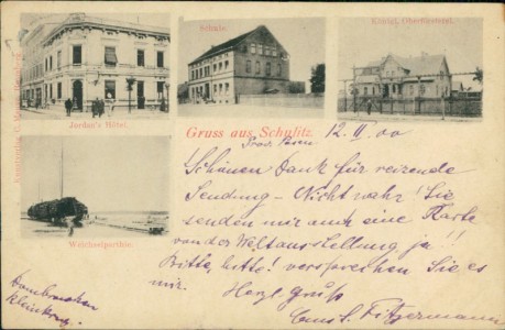 Alte Ansichtskarte Schulitz / Solec Kujawski, Jordan's Hotel, Schule, Königl. Oberförsterei, Weichselpartie