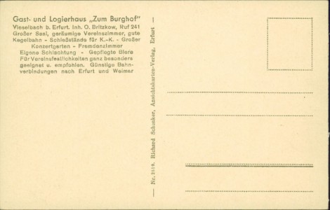 Adressseite der Ansichtskarte Erfurt-Vieselbach, Gasthaus zum Burghof, Inh. Oskar Beitzkow