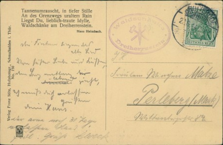 Adressseite der Ansichtskarte Brotterode-Trusetal, Waldschänke Dreiherrnstein