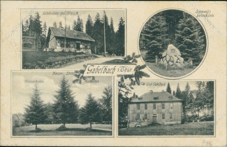 Alte Ansichtskarte Gabelbach bei Ilmenau, Gabelbachhäus'chen, Schwanitz Gedenkstein, Bismarckstein, Groß-Gabelbach