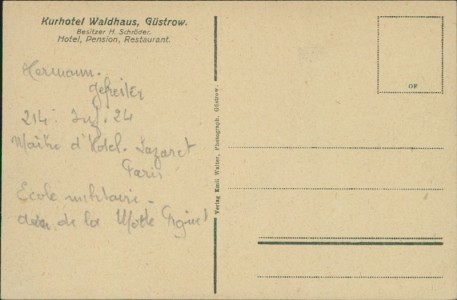 Adressseite der Ansichtskarte Güstrow, Kurhotel Waldhaus
