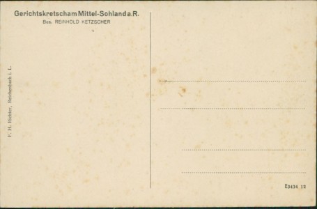 Adressseite der Ansichtskarte Reichenbach/O.L.-Sohland am Rotstein, Gerichtskretscham Mittel-Schland Bes. Reinhold Ketzscher