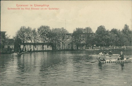 Alte Ansichtskarte Kynwasser / Choiniec, Gartenansicht des Hotel Rübezahl mit der Gondelfahrt