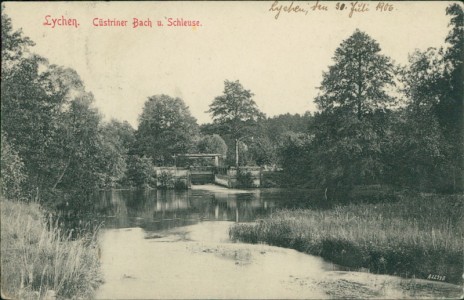 Alte Ansichtskarte Lychen, Cüstriner Bach u. Schleuse